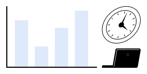Wall Mural - Bar chart showing growth, analog clock, and laptop for productivity, time tracking, business planning, performance analysis, organization, goal setting. Ideal for simple flat metaphor