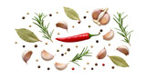 Fresh culinary ingredients Chili, garlic, herbs, and spices, scattered on white