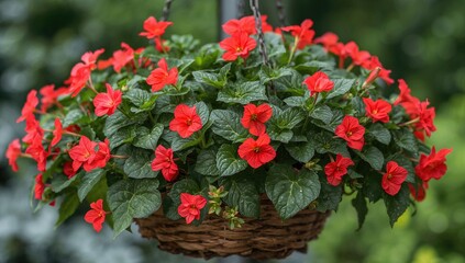 Wall Mural - A beautiful arrangement of begonias suspended in a basket, evoking memories of sunny, joyful days and peaceful moments.