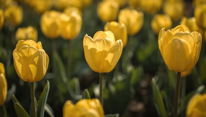 Wall Mural - Close-up of vibrant yellow tulips blossoming in a garden setting with green foliage in springtime