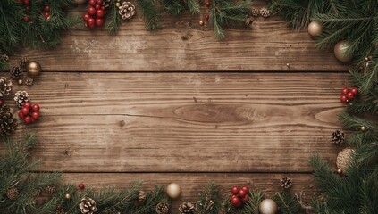Wall Mural - Festive rustic wooden surface adorned with evergreen branches and empty space, overhead perspective