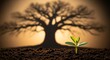 © mytour - Small sprout growing in soil casting shadow of big tree, dramatic sunlight, minimalist background, symbolic growth and future potential, realistic photo style.