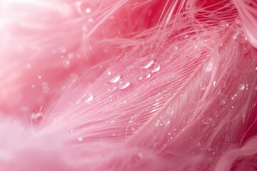 Wall Mural - Close-up of a delicate pink feathered bird adorned with glistening dew drops under radiant light, captured in a dreamy soft-focus scene