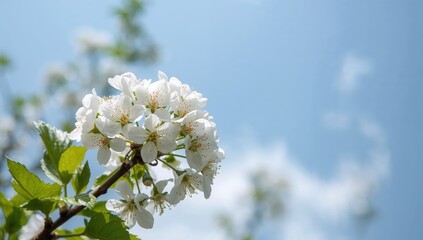 Wall Mural - A group of pale cherry flowers with yellow cores set against the sky