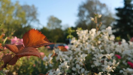 Wall Mural - A single leaf from a blooming rose bush