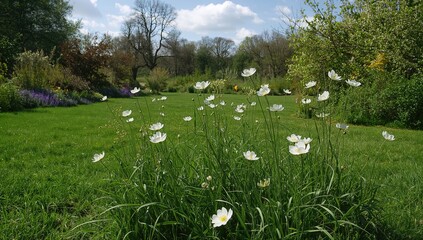 Wall Mural - Lush meadow dotted with white anemones in a vibrant spring setting
