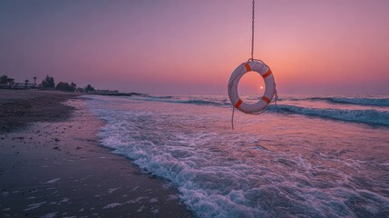 Wall Mural - A life preserver hangs on a chain at a pink sunrise seaside view. This beautiful beach scene shows safety, hope, and peaceful tranquility.