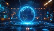 © anton - Futuristic Digital Globe Hologram Displays Earths Networks and Data Circuits in a Dark Futuristic Room with Blue and Orange Lights