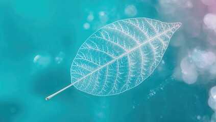 Wall Mural - Close-up of a translucent leaf skeleton on a vibrant turquoise glass background with circular bokeh highlights, artistic and vivid.