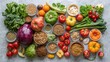 © TheWaterMeloonProjec - Assorted fruits, seeds, and vegetables arranged on a gray surface, top view. Nutritious eating