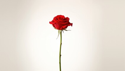 Wall Mural - A lone, vibrant red rose with an extended stem gracefully contrasts a pure white background.
