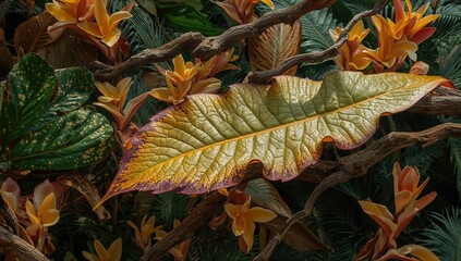 Wall Mural - Detailed view of vibrant foliage and floral tropical backdrop, pattern, abstract, bloom, texture, summer, nature, tree, spring, leaf