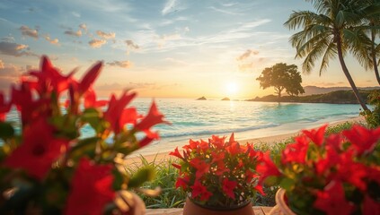 Wall Mural - Stunning crimson blooms in containers against a sunset backdrop