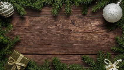 Wall Mural - Holiday greeting card featuring a spot for personalized messages with green fir decorations, a vintage white glass ornament, a sparkling pine tree, and a present wrapped with a bow against a rustic