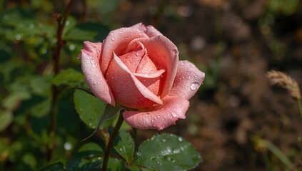 Wall Mural - A Rose Covered in Water Drops Among Plants