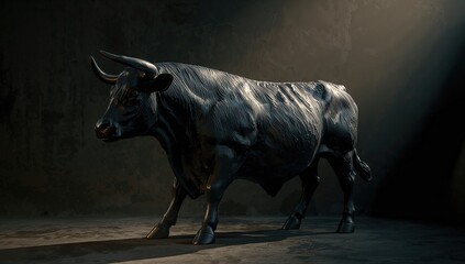 Wall Mural - A sunlit bull sculpture set against a shadowy backdrop