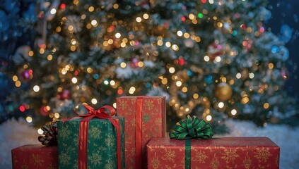 Wall Mural - Holiday presents set against a decorated tree with glowing lights.
