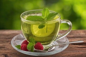 Wall Mural - Transparent cup filled with green tea, garnished with lemon wedge, mint leaves, and fresh raspberries on a plate with a spoon, set on a natural surface. A refreshing and healthy beverage.