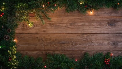 Wall Mural - Pine branch adorned with fairy lights on rustic wood surface, with empty space for text