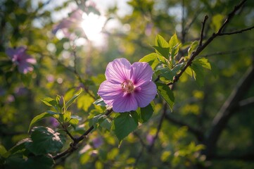 Wall Mural - Vibrant violet bloom surrounded by lush green foliage on a tree