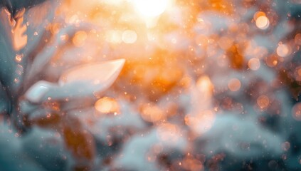 Wall Mural - Abstract natural background with bokeh and marigold colors, featuring light, white leaves and rain patterns
