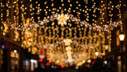 Wall Mural - Festive Holiday Lights Glow on Building Facades with Window Displays