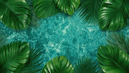 Wall Mural - Vibrant green foliage in a tropical setting with space for writing. Close-up shot. Nature-themed backdrop.