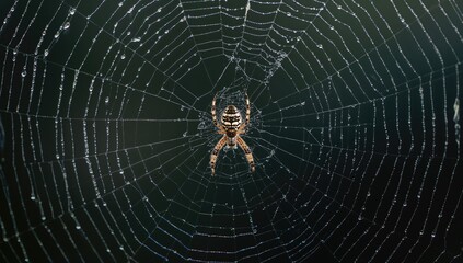 A spider perched at the heart of its complex web, decorated with sparkling droplets of dew.