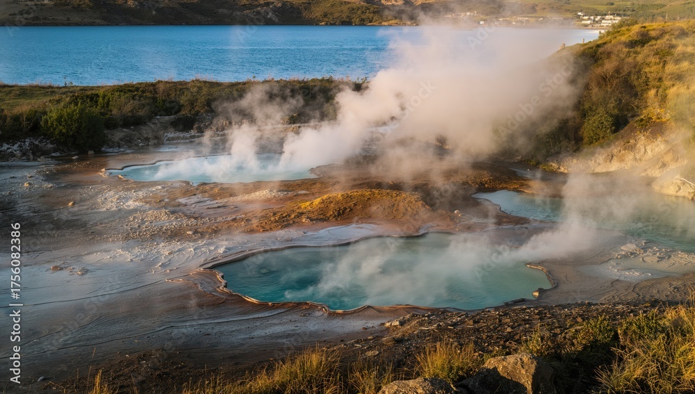 Texture of a geothermal area with steam rising from a hot spring ...