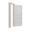 © pikopixel - Partially open, white two-panel door and frame on a transparent background, shot from a side perspective at a slightly low angle.