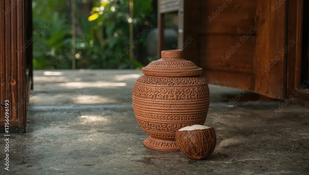 Earthenware vessel and coconut shell water filter placed on cement ...