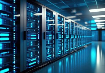 Wall Mural - Modern data center corridor filled with illuminated blue server racks, representing advanced AI systems, cloud computing infrastructure, and cutting-edge digital network technology