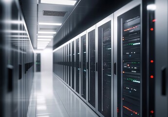 Wall Mural - Futuristic server corridor with sleek metallic racks and soft white lighting, symbolizing advanced AI systems, cloud computing infrastructure, and modern data technology environments