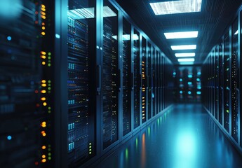 Wall Mural - Futuristic data center corridor with illuminated server racks and glowing LED indicators, showcasing advanced IT infrastructure ideal for technology, AI, and cloud computing presentations