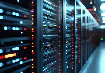 Wall Mural - Close-up of illuminated data servers in a futuristic data center corridor with glowing red and blue lights, symbolizing advanced AI and cloud computing infrastructure for technology innovation