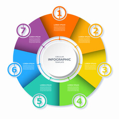 Wall Mural - Infographic circular diagram with 7 steps. Round chart with 7 options. Vector template divided into seven parts. Can be used for report, business analytics, data visualization and presentation.