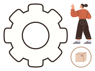 Wall Mural - Large gear outline with a woman pointing upward, a small box inside a circle. Ideal for teamwork, operation, strategy, logistics, problem-solving, innovation efficiency. Simple flat metaphor