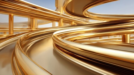 Wall Mural - Abstract golden curves intertwining in a modern artistic environment showcasing elegance, luxury, and sophistication in architectural design and 3D render