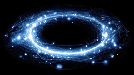 Wall Mural - Stunning abstract blue light swirl with glowing particles and intricate flowing lines creating a mesmerizing circular motion in dark space