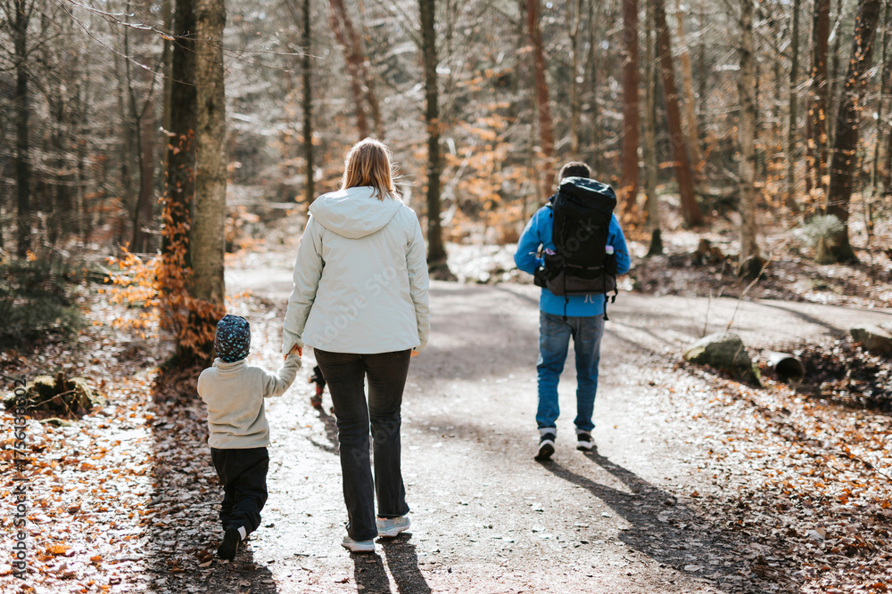 Rear view of family walking on footpath at forest Stock Photo | Adobe Stock