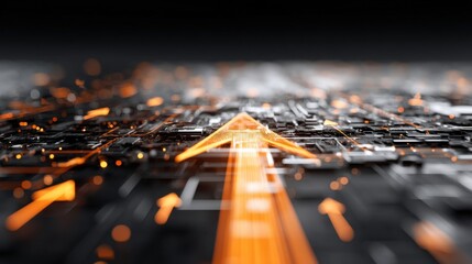 Wall Mural - Abstract digital background with glowing orange arrows and geometric shapes illustrating direction, movement, and technology in a futuristic setting