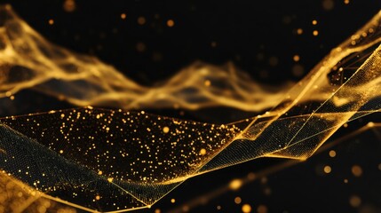 Wall Mural - Abstract golden waves with shimmering particles on a dark background, creating a captivating visual display of light and movement