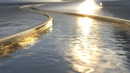 Wall Mural - Golden Flowing Water Reflection at Sunset with Gentle Curves and Soft Light Creating an Ethereal and Tranquil Atmosphere for Relaxation and Serenity