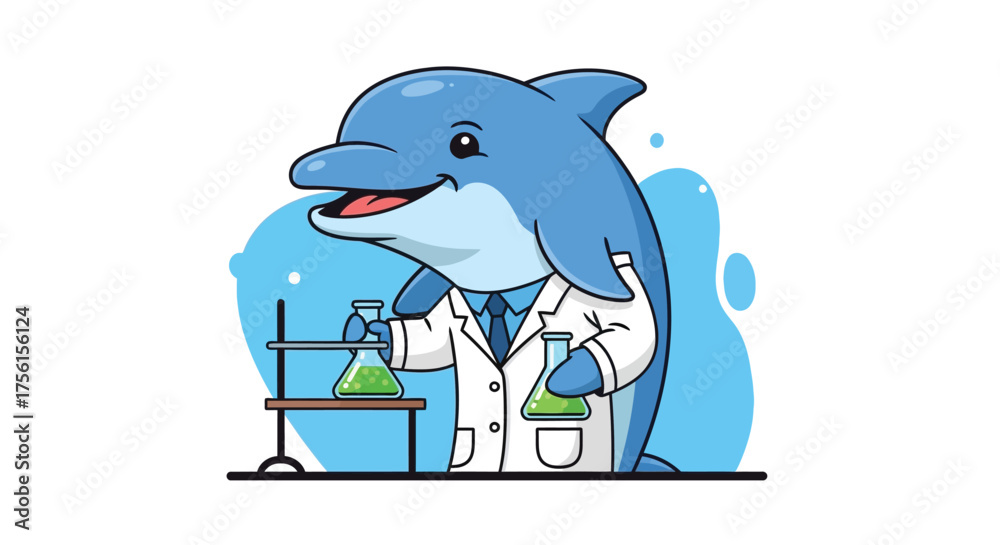 Cartoon dolphin in a lab coat conducting a science experiment with ...