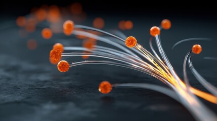 Wall Mural - Abstract representation of glowing orange particles and fibers flowing in a dynamic pattern showcasing connectivity and innovation in technology