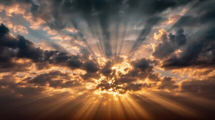 Wall Mural - Majestic Sunrise with Rays of Light Emerging from Dark Clouds Over a Tranquil Horizon at Dawn Creating a Breathtaking Atmospheric Scene