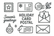 © eclipse - Black outline illustrations of holiday-themed elements, including cards, envelopes, ornaments, and festive greetings arranged in a decorative pattern.