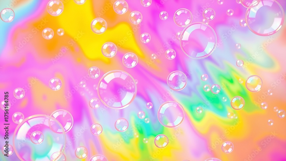 Floating clear soap bubbles create a whical atmosphere against a ...