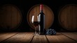 © vxnaghiyev - Wine glass and bottle with grape beside rustic barrels in a dim cellar setting, featuring wooden surfaces for design mockups and text space