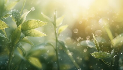 Wall Mural - Soft Focus Green Foliage and Dewy Grass in an Abstract Natural Setting